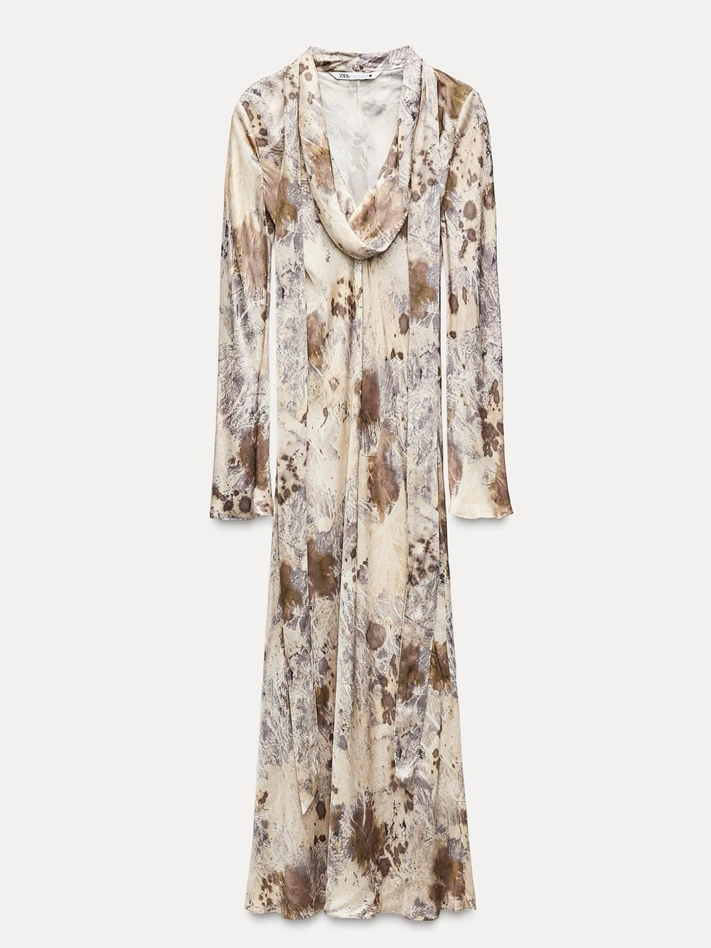 Zara Neutral Printed Long-Sleeve Cowl-Neck Maxi Dress